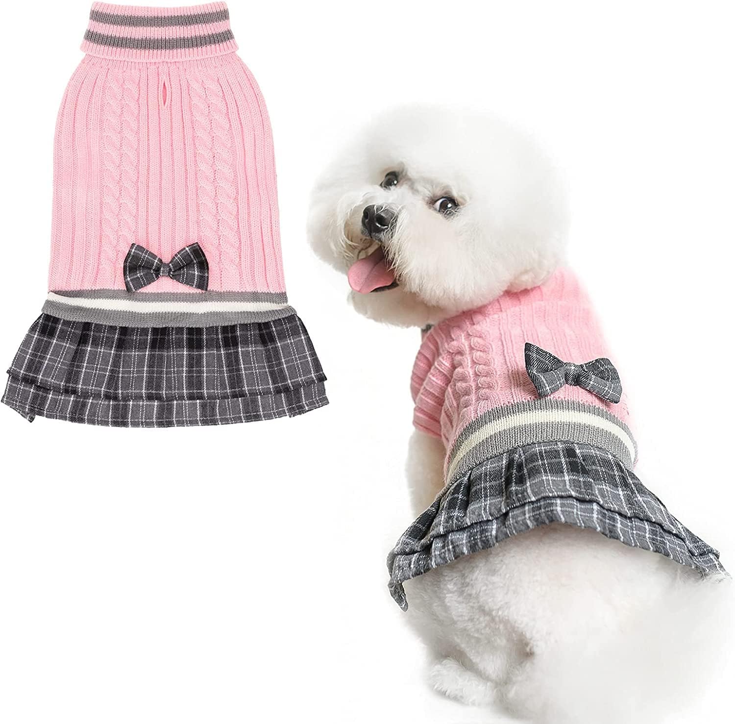 PAWCHIE Dog Jumper Dress with Bowtie - Dog Turtleneck Pullover Knitwear for Small Dogs Girls Cold Weather Jumper with Leash Hole, Suitable for Small Medium Dogs Puppies