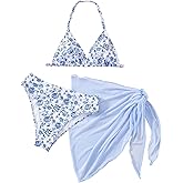 SHENHE Girl's Swimsuits 3 Piece Halter V Neck Floral Bikini Set with Mesh Skirt Cover Up