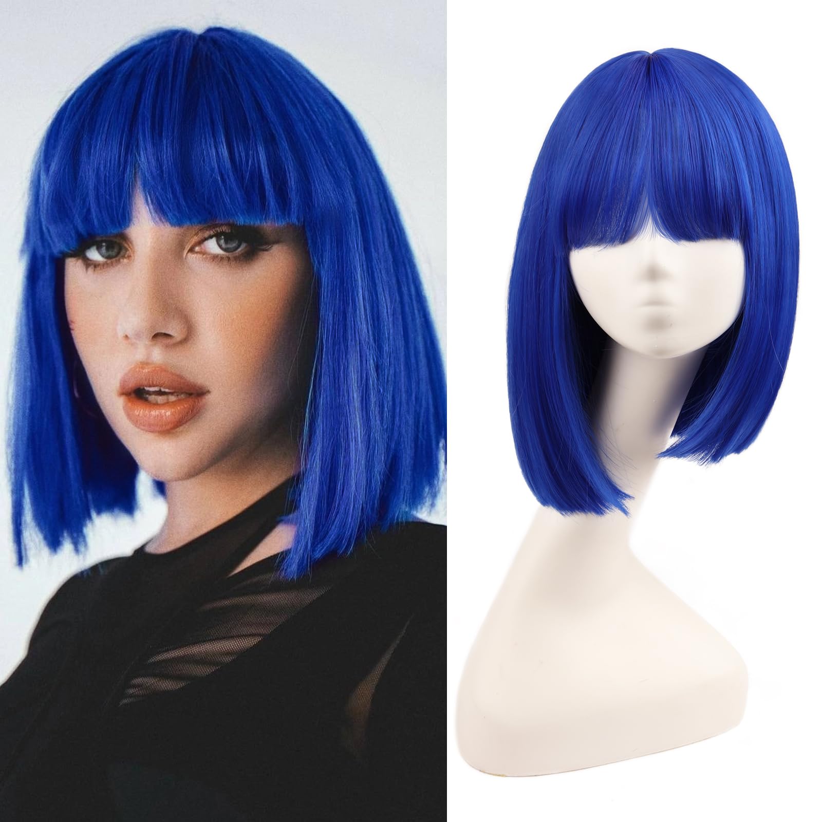 WECAN Blue Bob Wig with Bangs Blue Wig for Women Short Bob Blue