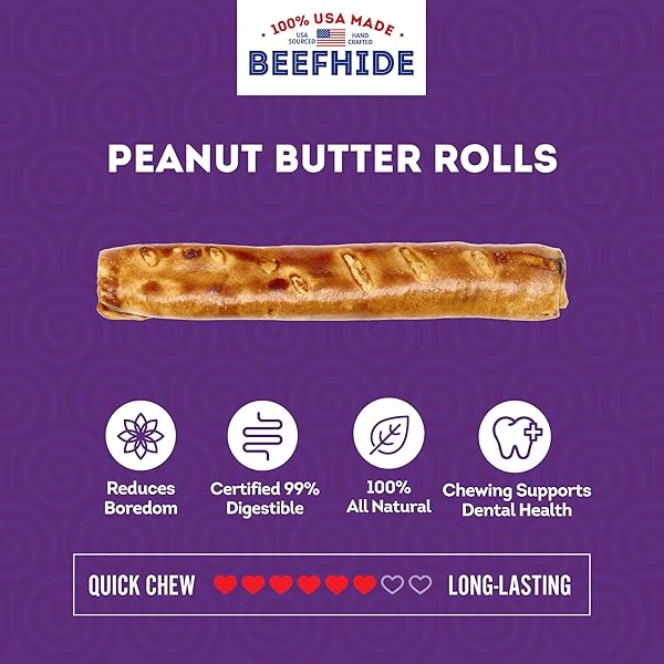 TREATLY USA BEEFHIDE ROLLS 8-9″ DOG CHEW TREATS – PEANUT BUTTER FLAVOR, 15 COUNT/1 PACK