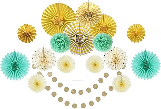 Yellow Party Decorations Paper Fans Tissue Paper Pom Poms Mint
