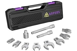 ANPUDS 3/8" Drive Crowfoot Wrench Set, 11-Piece Metric Crows Foot Wrench Set, 10-12-14-16-17-18-19-22mm Ratcheting Open End Wrench Set with 2 Extension Bar 1/2''-3/8'' Adapter Storage Box