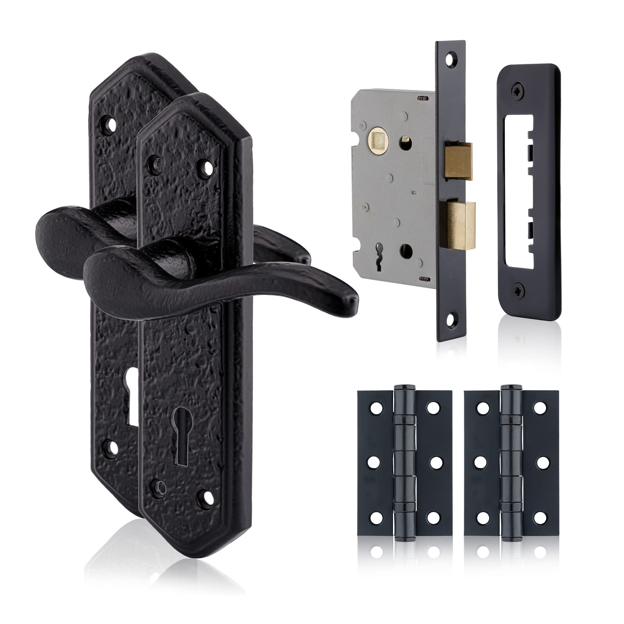 XFORT Smithy's Range London Suite Lever Lock Pack Black Antique Complete Set, Door Handles, 65mm Sash Lock, 75mm Ball Bearing Hinges, Internal Wooden Door Handles