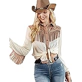 JOHN MOON Womens Fringe Western Long Sleeve Shirts Floral Embroidered Cowgirl Button Down Shacket Blouse Country Rodeo Outfit