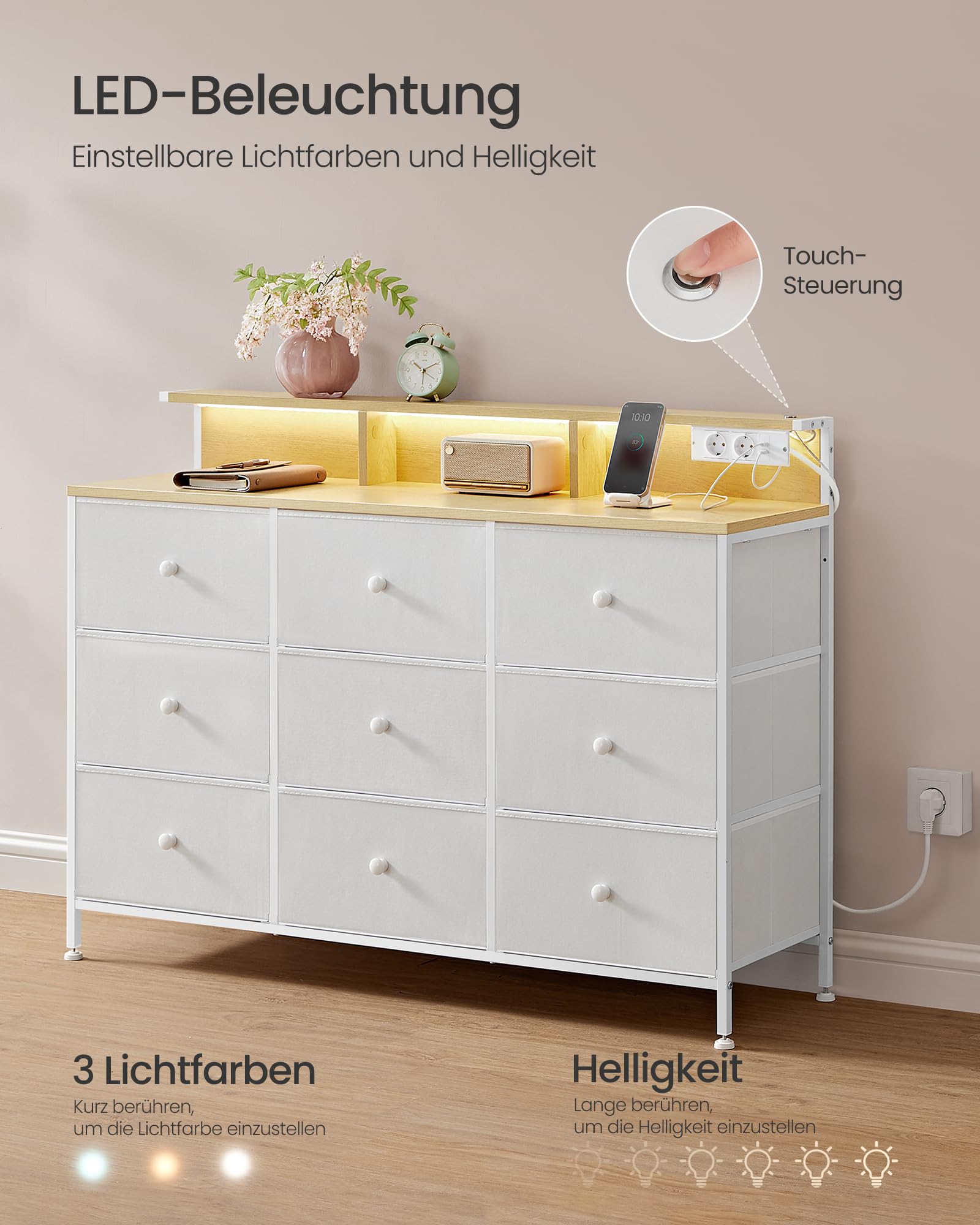 SONGMICS Kommode, Aufbewahrungsschrank mit 9 Schubladen und LED-Beleuchtung, Steckdosenleiste, Stahlrahmen, 33,5 x 114 x 84 cm, für Schlafzimmer, Wohnzimmer, wolkenweiß LTS519W02 4
