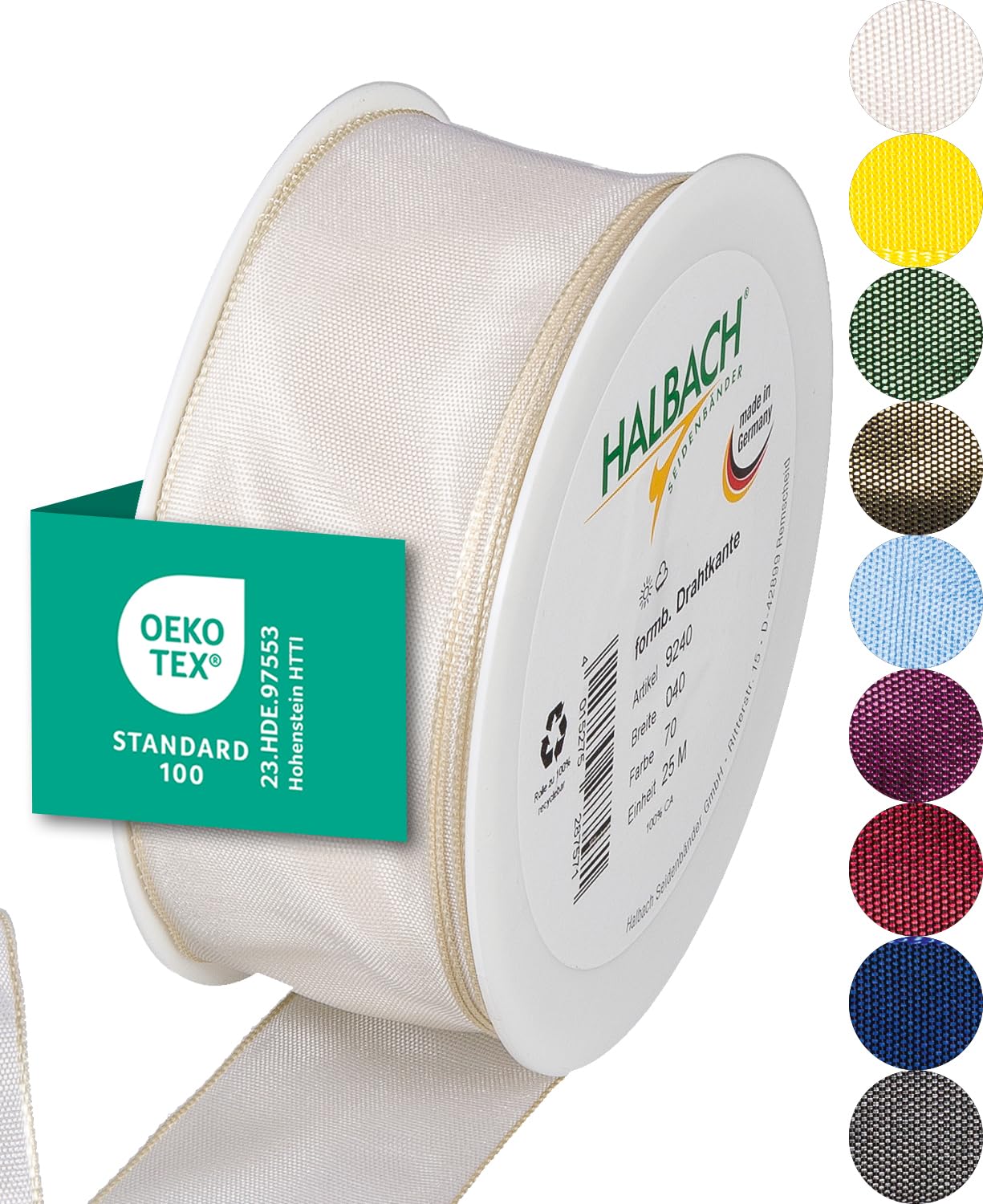 Halbach Seidenbänder Premium Gift Ribbon With Wired Edge - 40 mm Width, 25 m Length - Oeko-Tex 100 Certified Taffeta, Made in Germany - Cream