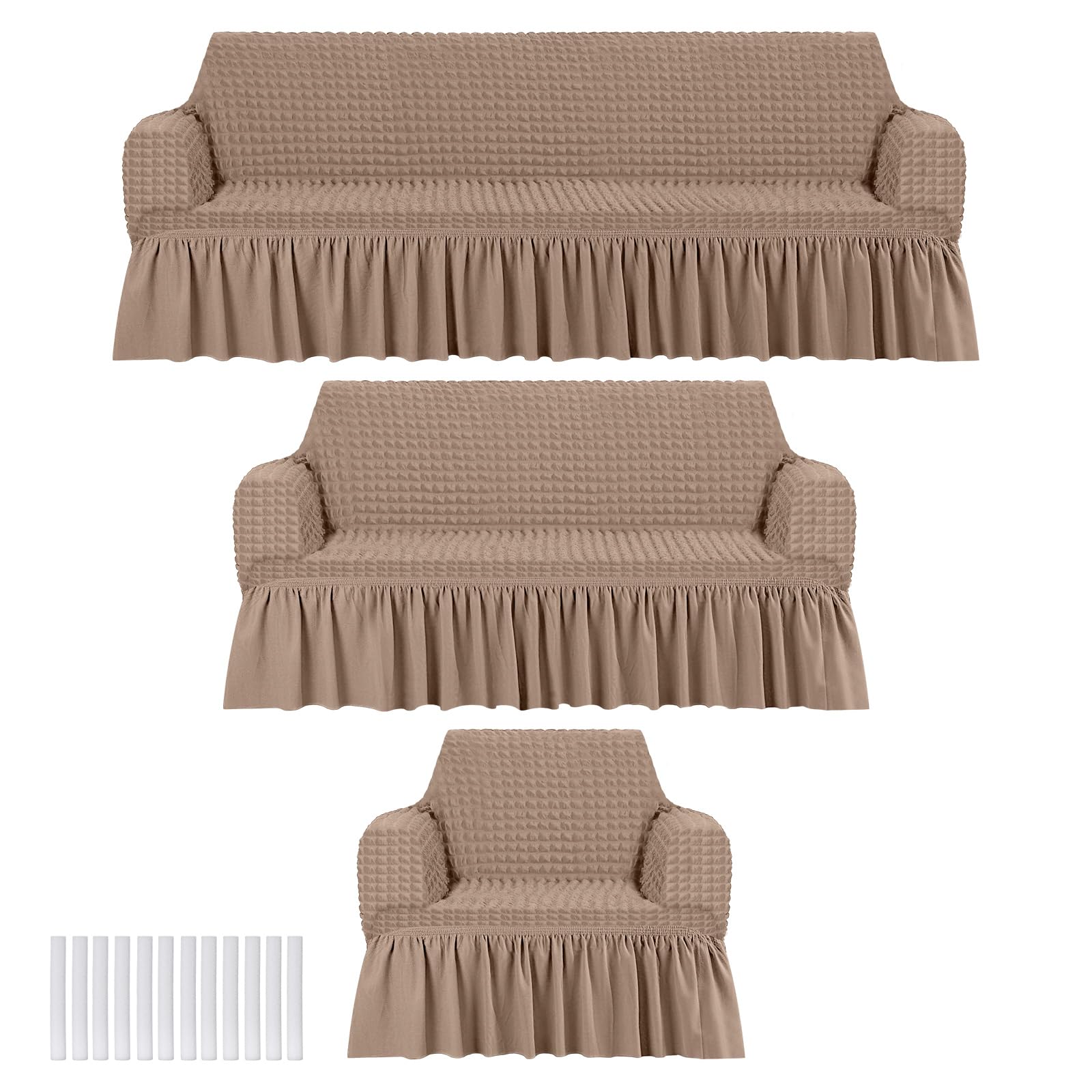 Photo 1 of Fanfanwin 3 Pcs Sofa Slipcover Set for Couch Cushion Durable Washable High Elastic Stretchable Furniture Couch Covers with Skirt for Sofa Loveseat Arm Chair(Khaki,Seersucker)