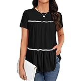 Rooscier Women's Tiered Ruched Crew Neck Short Sleeve Babydoll Loose Casual Tunic Shirt Top