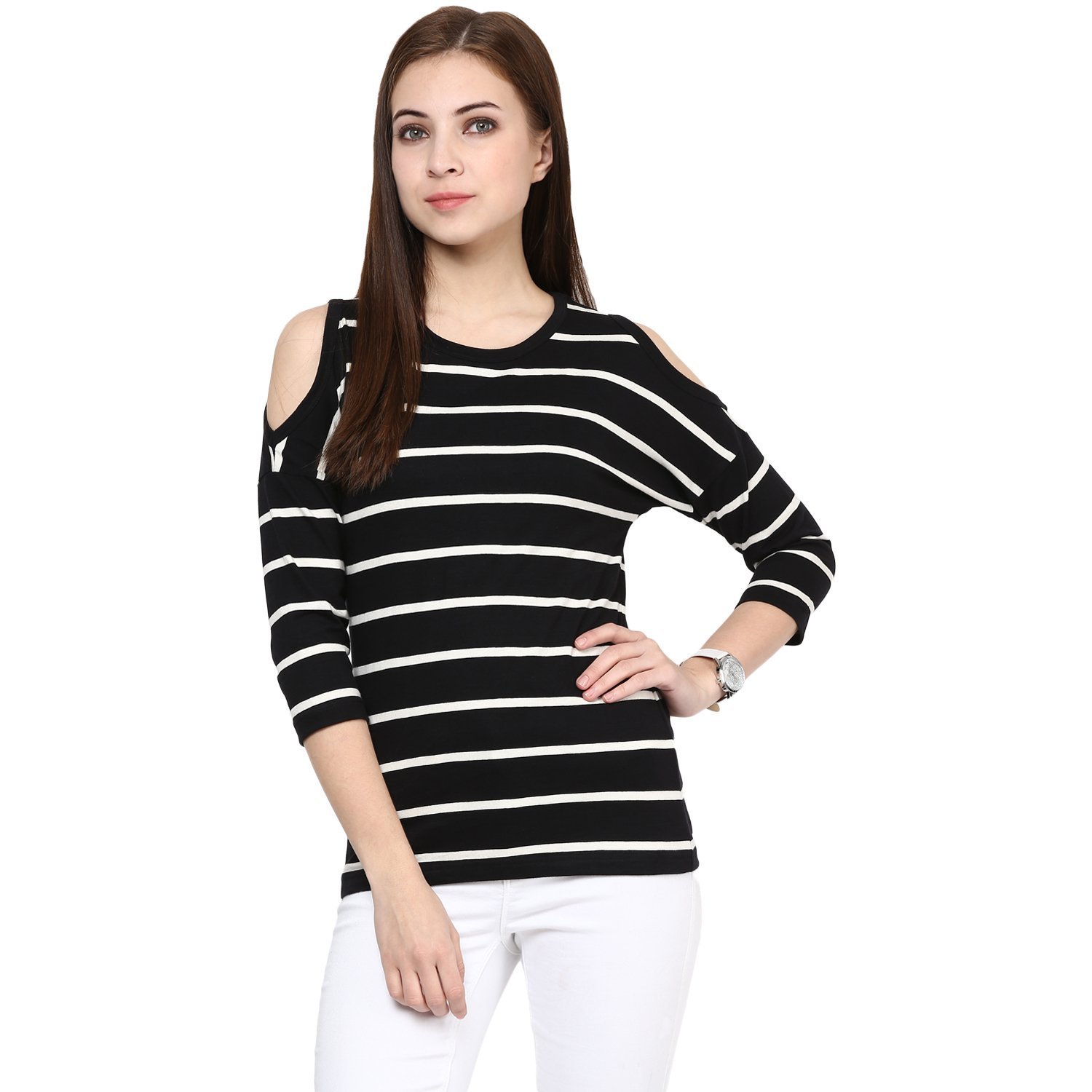 hypernation black and white stripe round neck cotton t-shirt for women