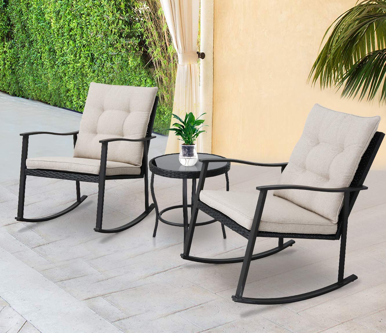 Two Chairs With Glass Coffee Table Solaura Outdoor Furniture 3 Piece Rocking Wicker Patio Bistro Set Black Wicker With Beige Cushion Patio Lawn Garden Bistro Sets