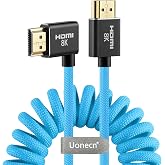 Uonecn HDMI 2.1 Cable for Camera, Ultra HD 48Gbps 8K Braided Coiled HDMI for Atomos Ninja V, Portkeys BM5, Short HDMI Cable for Sony A7iv, Z‑CAM F6, Z‑Cam E2 Pro Cameras, Blue, Left Angle‑Straight