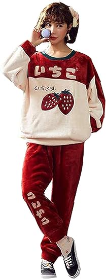 Amazon パジャマ 冬 もこもこ ルームウェア 部屋着 ナイトウェア 女子会 イチゴ柄 大きいサイズ かわいい レディース 冬 あったか 長袖 誕生日 プレゼント セット ギフト 結婚祝い パジャマ ルームウェアセット 通販