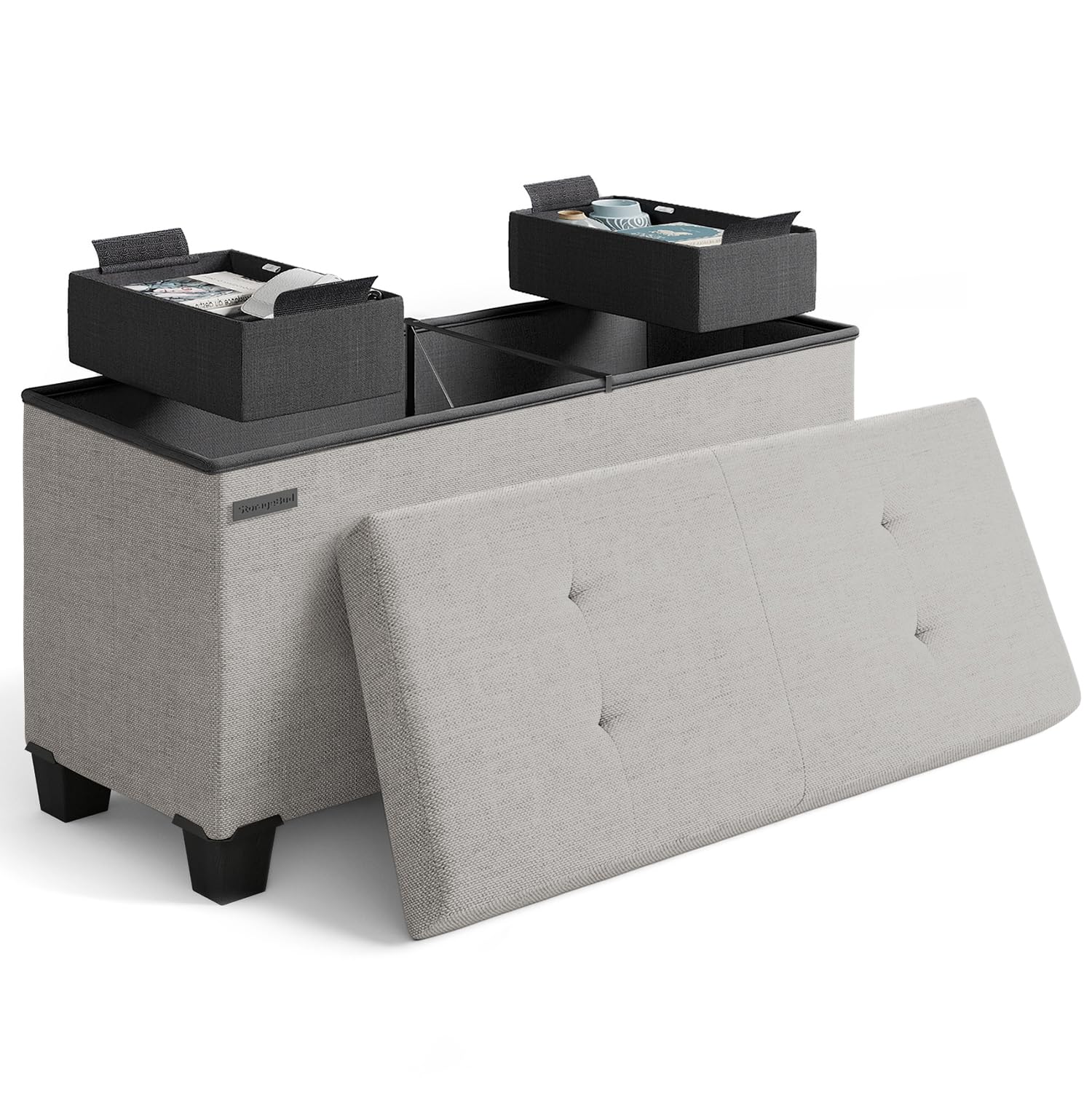 Photo 1 of **NO LID****Storage Ottoman Bench with Bins, 30-in Storage Bench for Bedroom End of Bed, Folding Foot Rest Ottoman for Living Room Max 660lbs, Fabric Ottomans, Light Grey