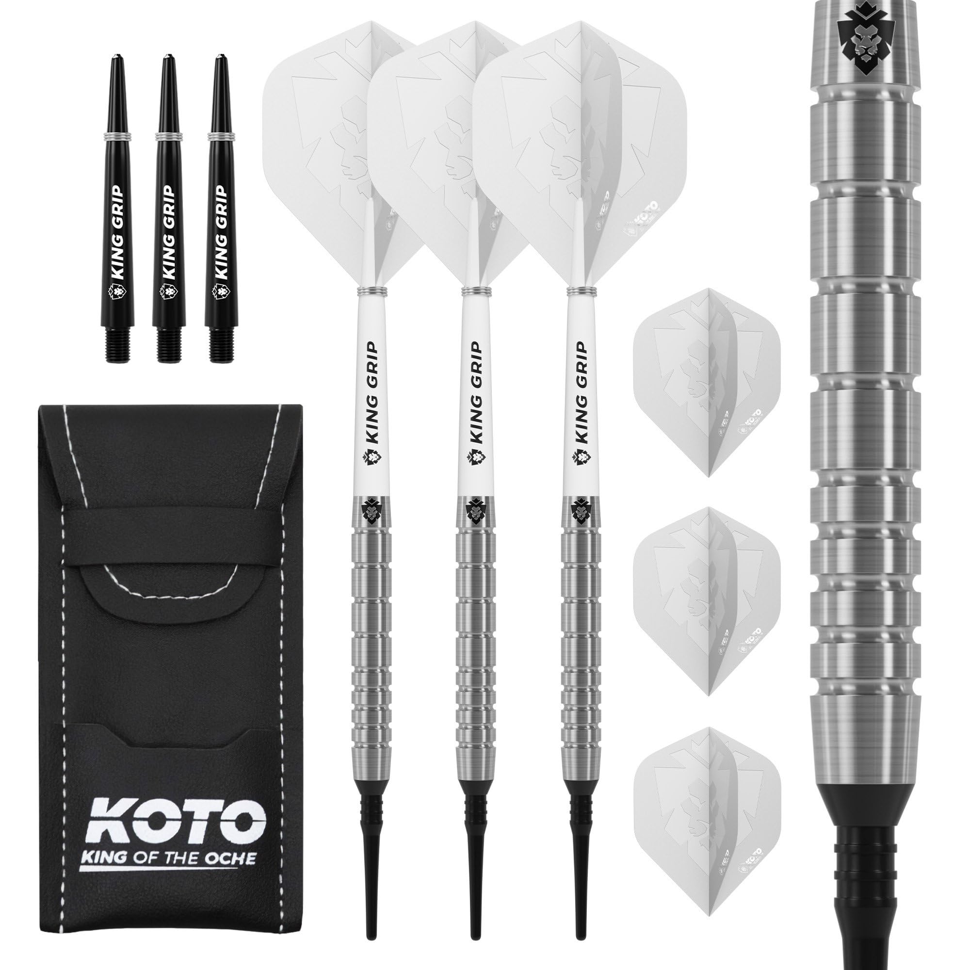 KOTO - Kingfly V1 Soft Tip Darts 18 Gram, Silver, Darts Set Incl. 3 Barrels, 2 Sets of KOTO Flights + Shafts & Dartwallet, Firm Ringgrip