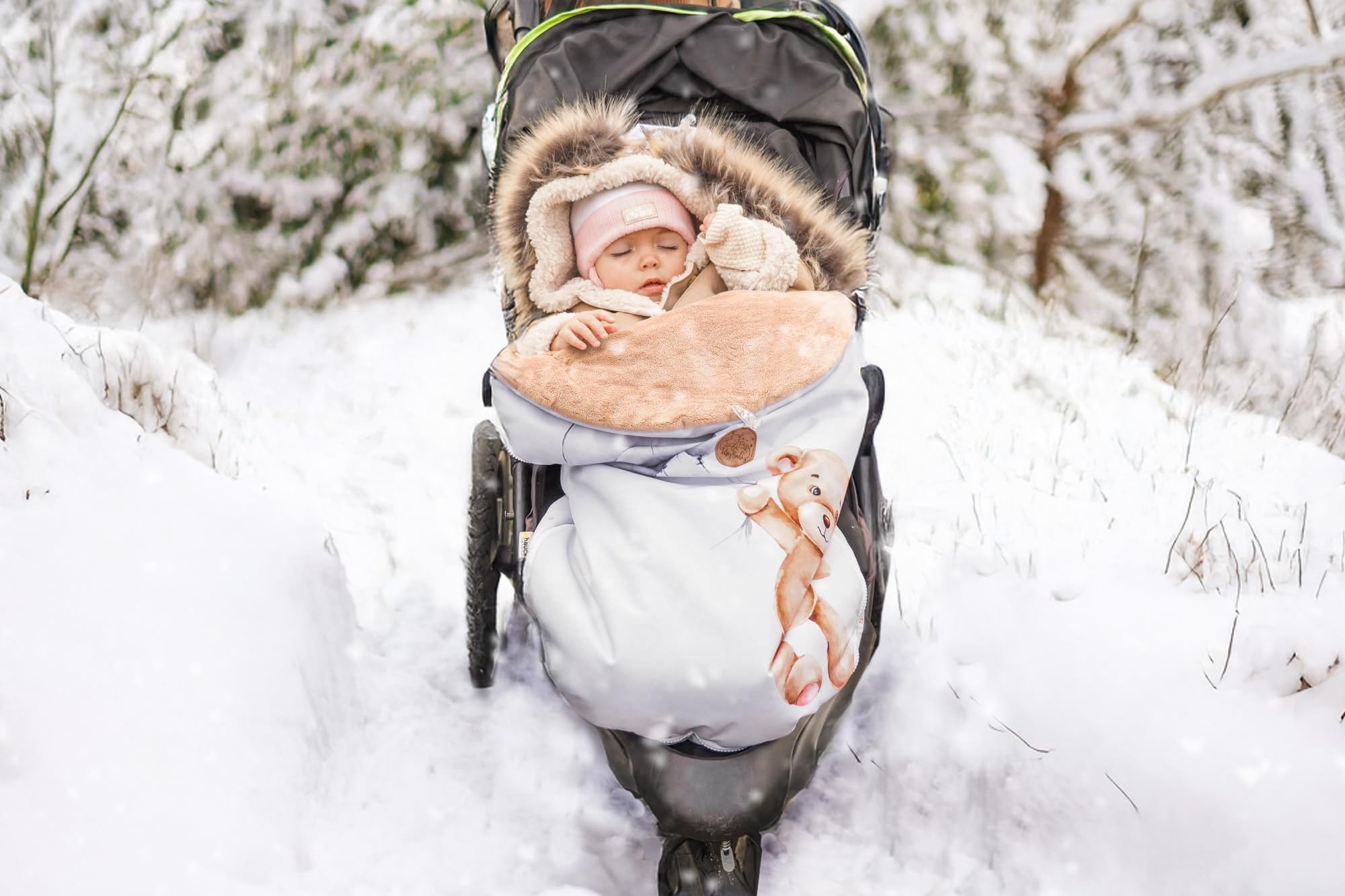Fußsack Kinderwagen und Buggy für Winter Premium Set 90x45 cm - Fusssack Winterfußsack warme Einlage Einschlagdecke Baby Zubehör mit extra Handschuhen Teddybären 6