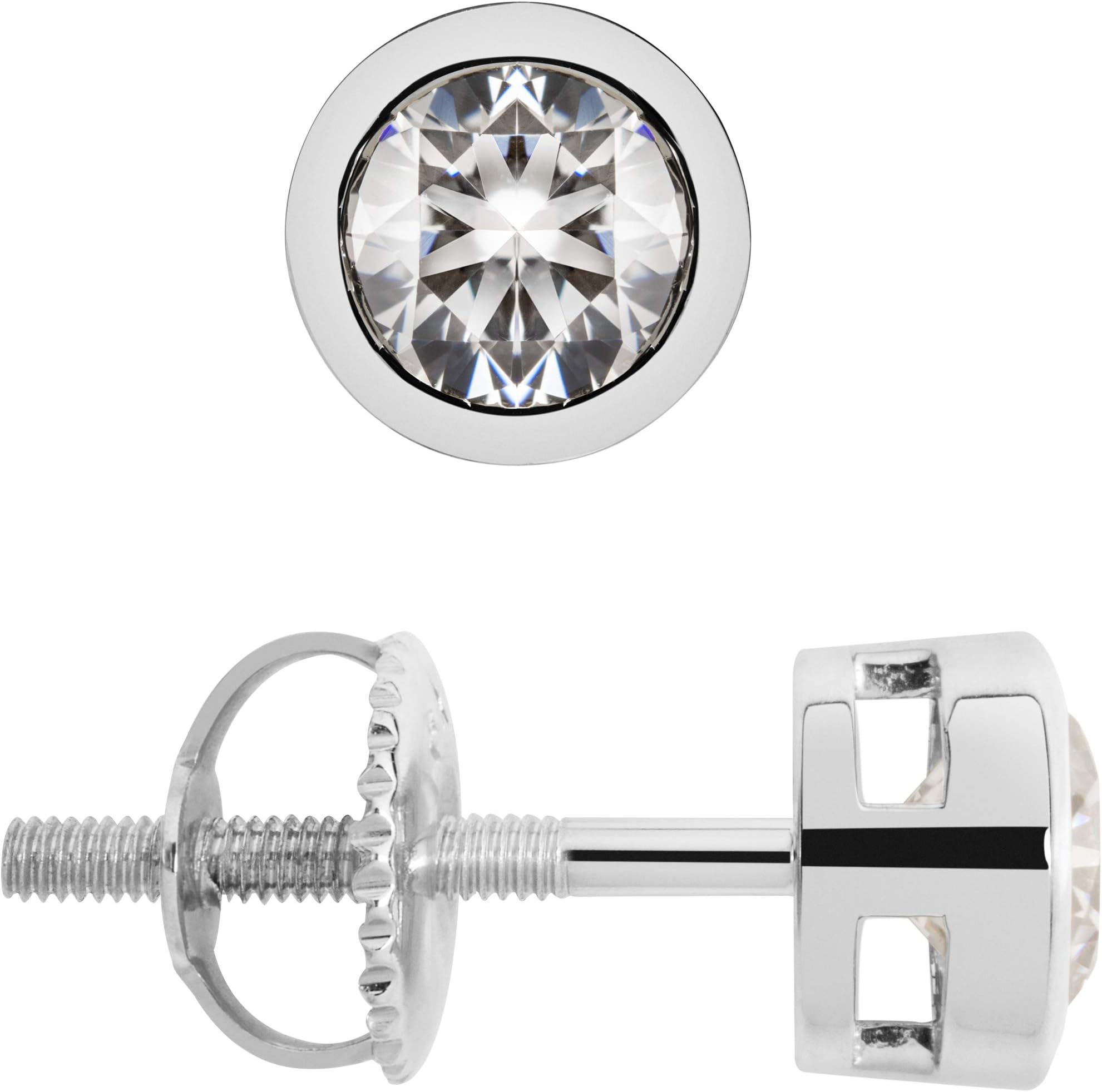 14K Solid White or Yellow Gold | Round Cut Cubic Zirconia Stud Earrings | .92 CTW or 2.0 CTW Bezel Set | Screw Posts | With Gift Box