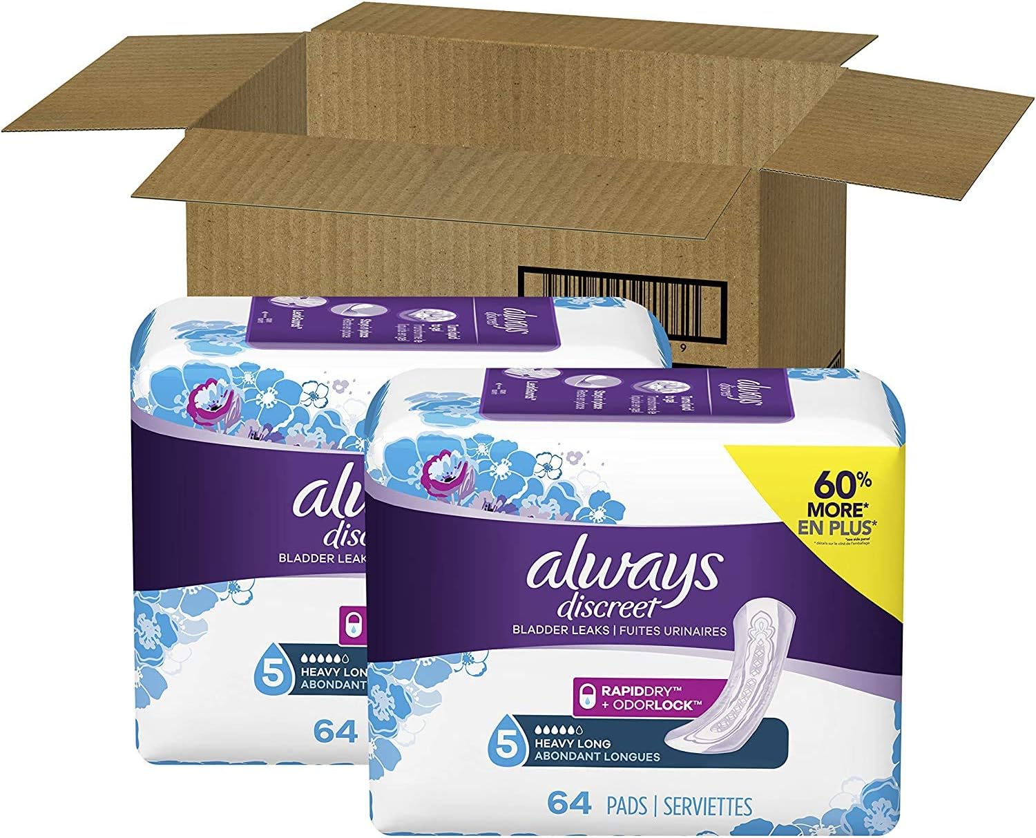 Always Discreet Incontinence Pads for Women, Heavy Absorbency, Long Length, 128 Count: Health & Personal Care