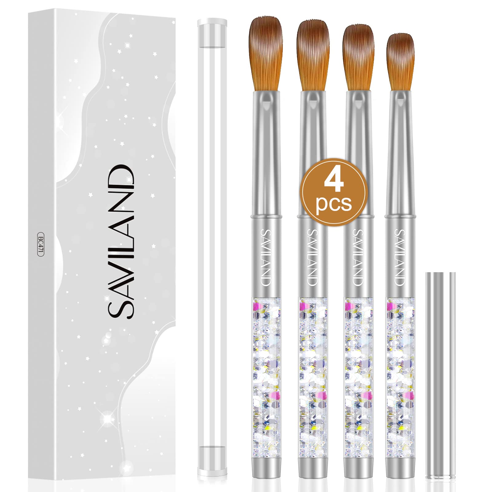 Saviland Pure Kolinsky Acrylic Nail Brush Set: 4PCS Acrylic Brush Size 6/10/12/14 Silver Glitter Metal Nail Brushes for Acrylic Powder Acrylic Monomer Liquid Nail Extension & Carving Women Gift Sets