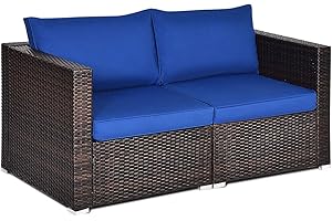 Tangkula Wicker Loveseat 2 Piece, Patio Furniture Couch with Removable Cushions, Rattan Loveseat Sofa for Balcony, Deck, Garden and Poolside