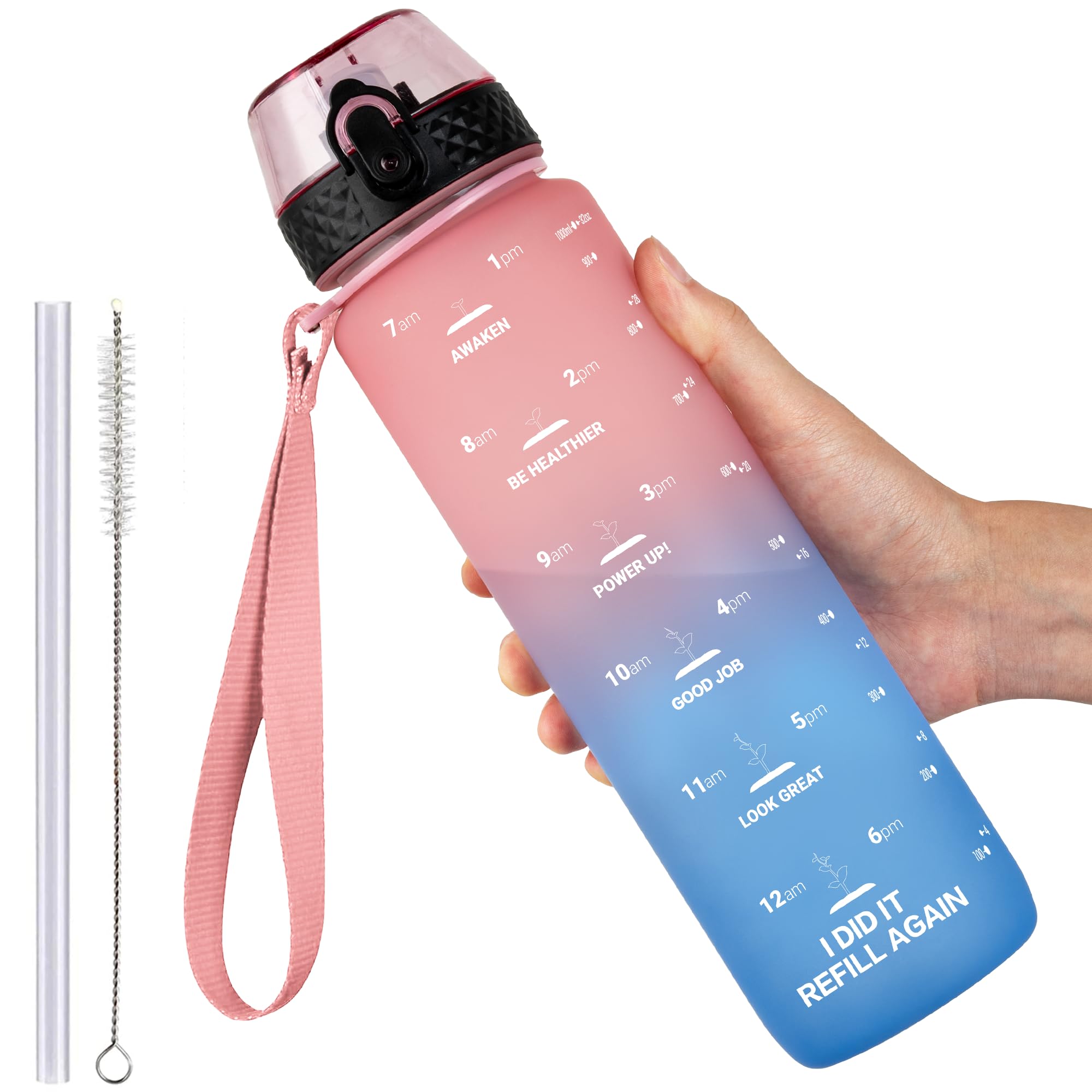 GOPPUS 1L/32oz Tritan Water Bottle with Straw-Soft Matte Finish Leakproof Drink Bottle with Measurements Bottles with Flip Top Motivational Bottles with Time Marks for Adults BPA Free (Pink Blue) — image 1
