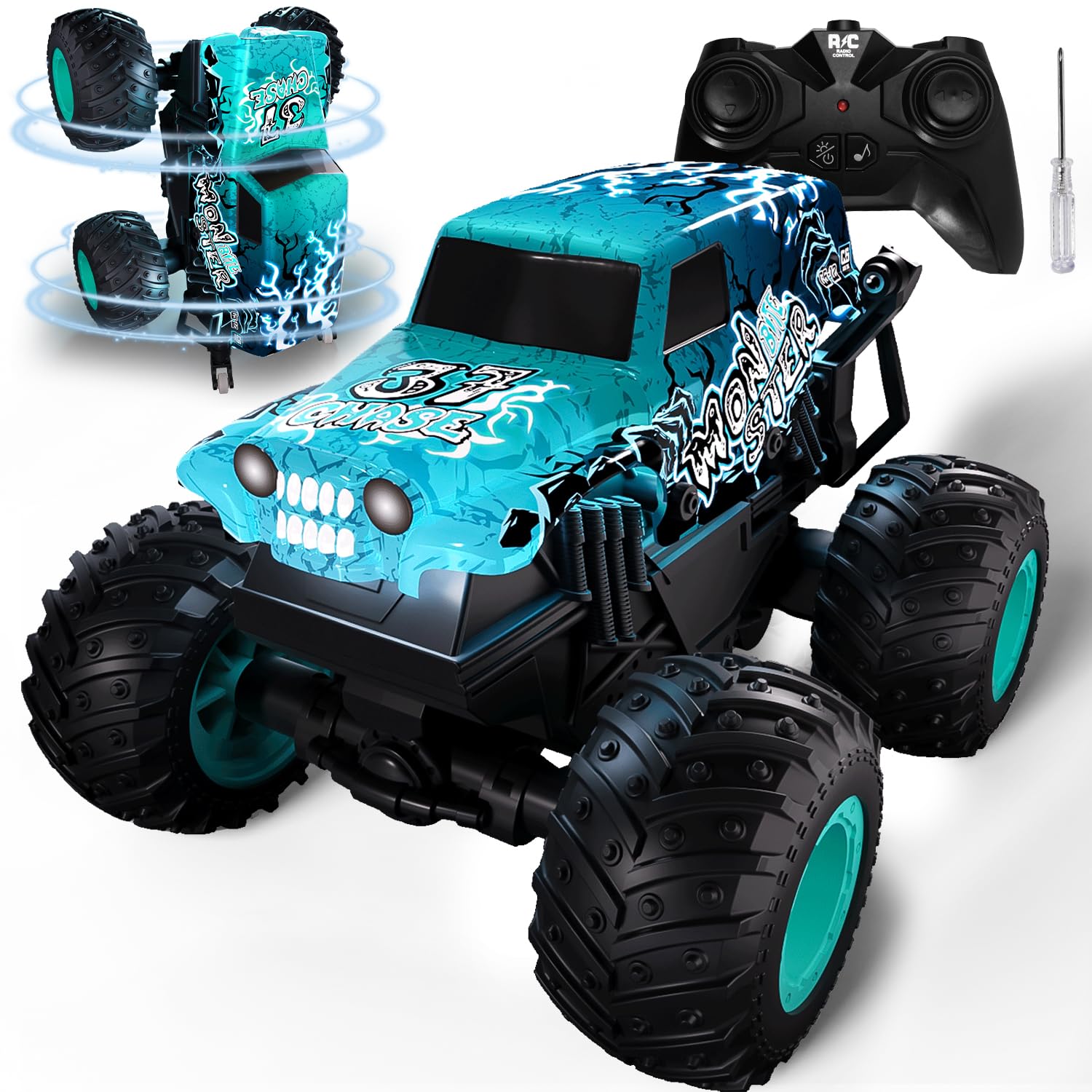 Halloween Monster Truck Remote Controlled, 1/20 Monster Truck with Upright Walking and 360° Rotation, 20 km/h Remote Controlled Car with LED Light & Musi, Halloween Toy and Party Bag 3 4 5 6 7 8 Years