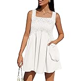 BeryLove Women Sleeveless Mini Dress Casual Square Neck Flowy Sundress Loose Beach Babydoll Dresses with Pockets White M