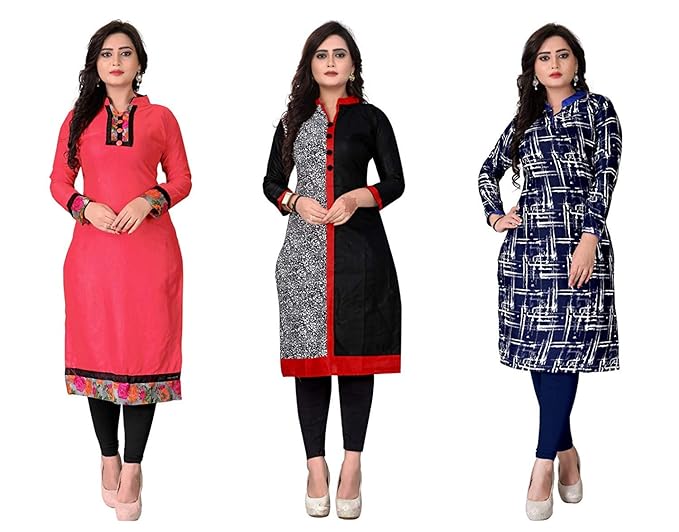 Women's Pack of 3 A-Line Cotton Printed Semi-Stitched Kurti Material (1002,17,23) Pink