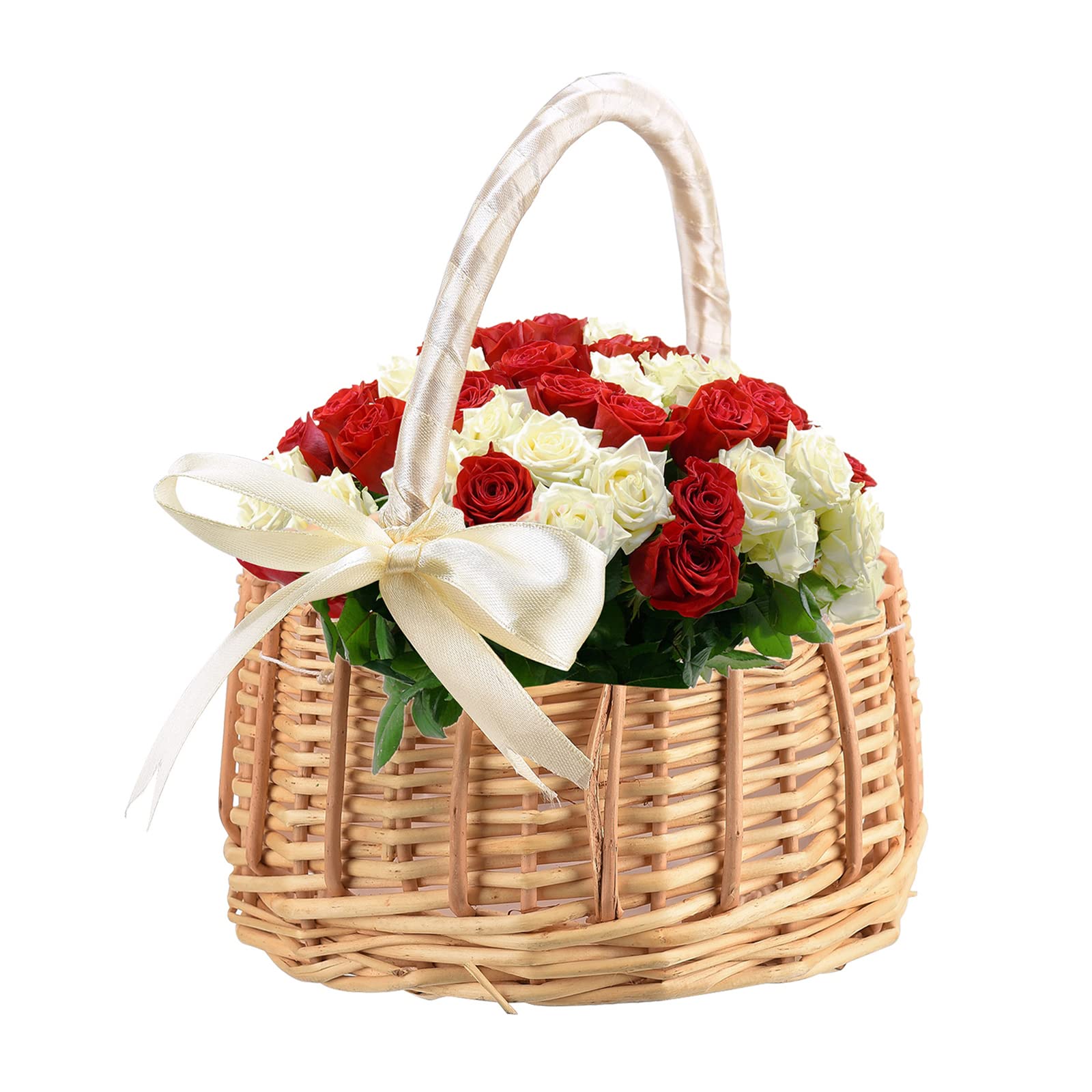 Geepaul Wedding Flower Girl Baskets with Handles and Ribbon,Rattan Handwoven Basket for Storage Egg/Candy/Flower,Home/Garden/Party Decoration, White, 15 x 15 x 19 cm