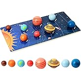 Wooden Solar System Model Board, Montessori Toys Planets Puzzle Science STEM Space Learning for Kids 4-8 with 3D Planets Mode