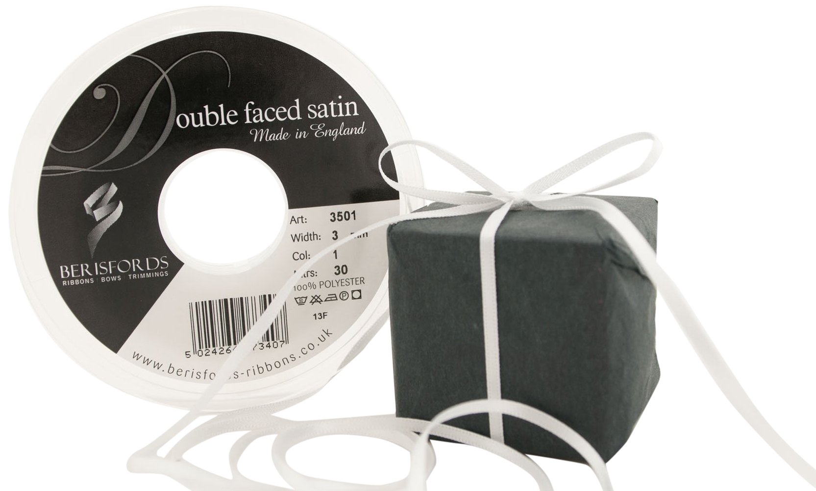 Berisfords Double Satin Ribbon, White, 30 m, berties's bows, packaging may vary — image 1