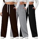 August Alley 3 Pack Women's Plus Size Wide Leg Yoga Pants, Baggy High Waist Lounge Pants, Drawstring Sweatpants with Pockets
