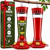 Glass Hummingbird Feeder 10oz [Set of 2] Ant Guard & Wide Mouth Leakproof | 10 oz leakproof clear glass reservoir features 5 
