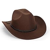Classic-Western-Cowboy-Hat Upturn-Brim Felt-Cowgirl-Hat Rodeo-Hats with Belt for Women Men (Fit for 22.4-23.2")