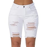 roswear Women Ripped Bermuda Denim Shorts Stretchy High Waisted Jean Shorts Knee Length