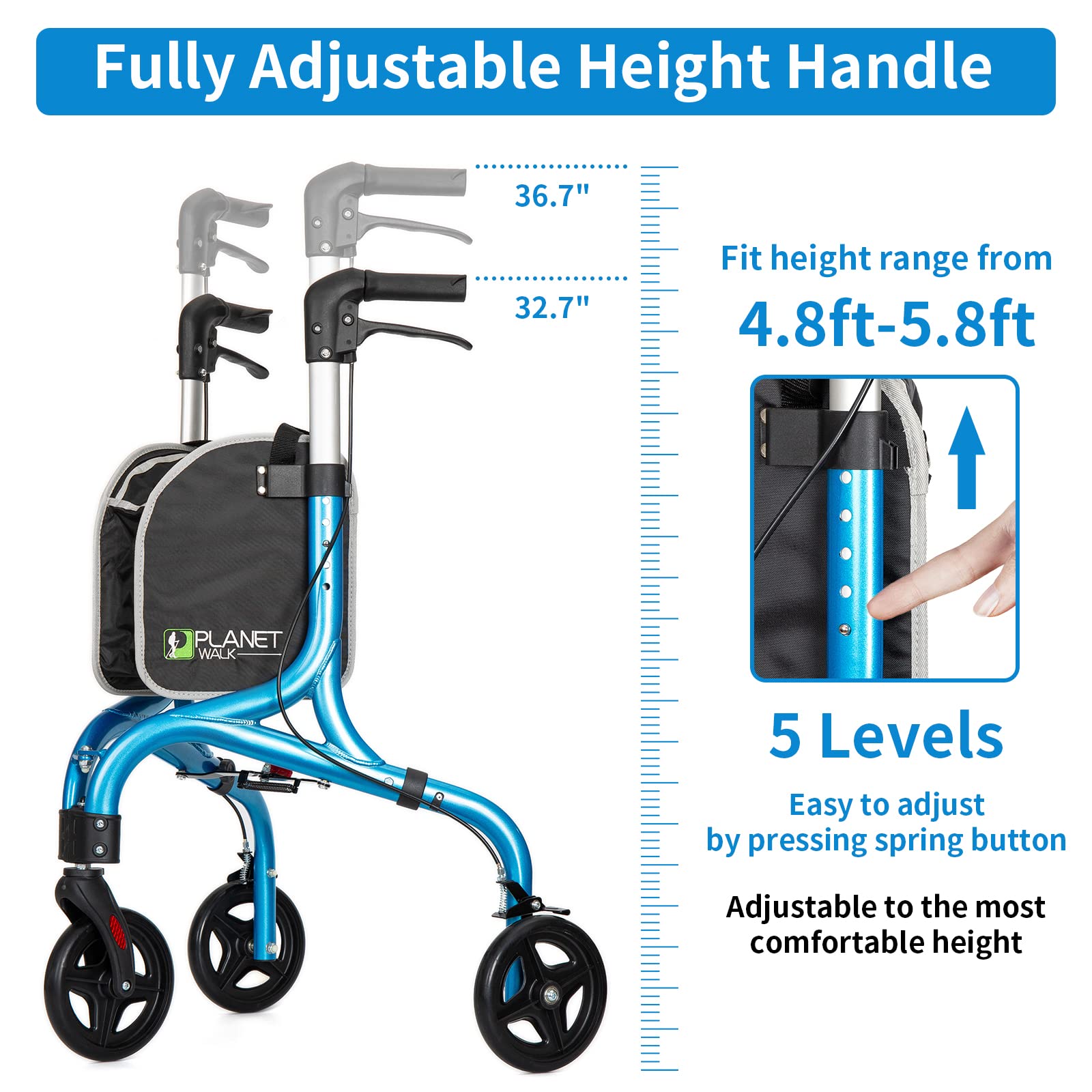 Planetwalk Premium 3 Wheel Rollator Walker for Seniors - Ultra Lightweight Foldable Walker for Elderly, Aluminum Three Wheel Mobility Aid, Brilliant Blue