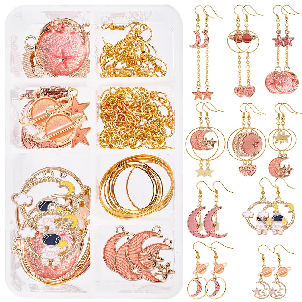 SUNNYCLUE 1 Box DIY Make 10 Pairs Moon Star Earrings Making Kit Enamel Heart Planet Charms Cat Moon Pendants Earring Findings for Women Beginners DIY Earring Dangle Jewellery Making, Pink