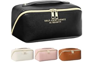 DOFOWORK Makeup Bag - Make up Bag for Women, Travel Makeup Bag with Divider and Handle, Washable Waterproof Comestic Bag PU Leather, Open Flat