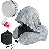 ILYISFMTY Travel Neck Pillow with Extra Large Hood Rollable Airplane Hooded Neck Pillow with Memory Foam Filling and Removable, Skin-Friendly Cover with a Carrying Case & Pouch (Cationic)