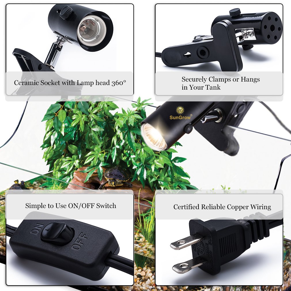 110-volt Heat Light Fixture for Reptiles -- Unique 360° Rotating Lamp Head - Securely Clamps or Hangs in your Turtle, Snake, Lizard or Amphibian Tank - Reliable & Easy to Use - Bulb not included