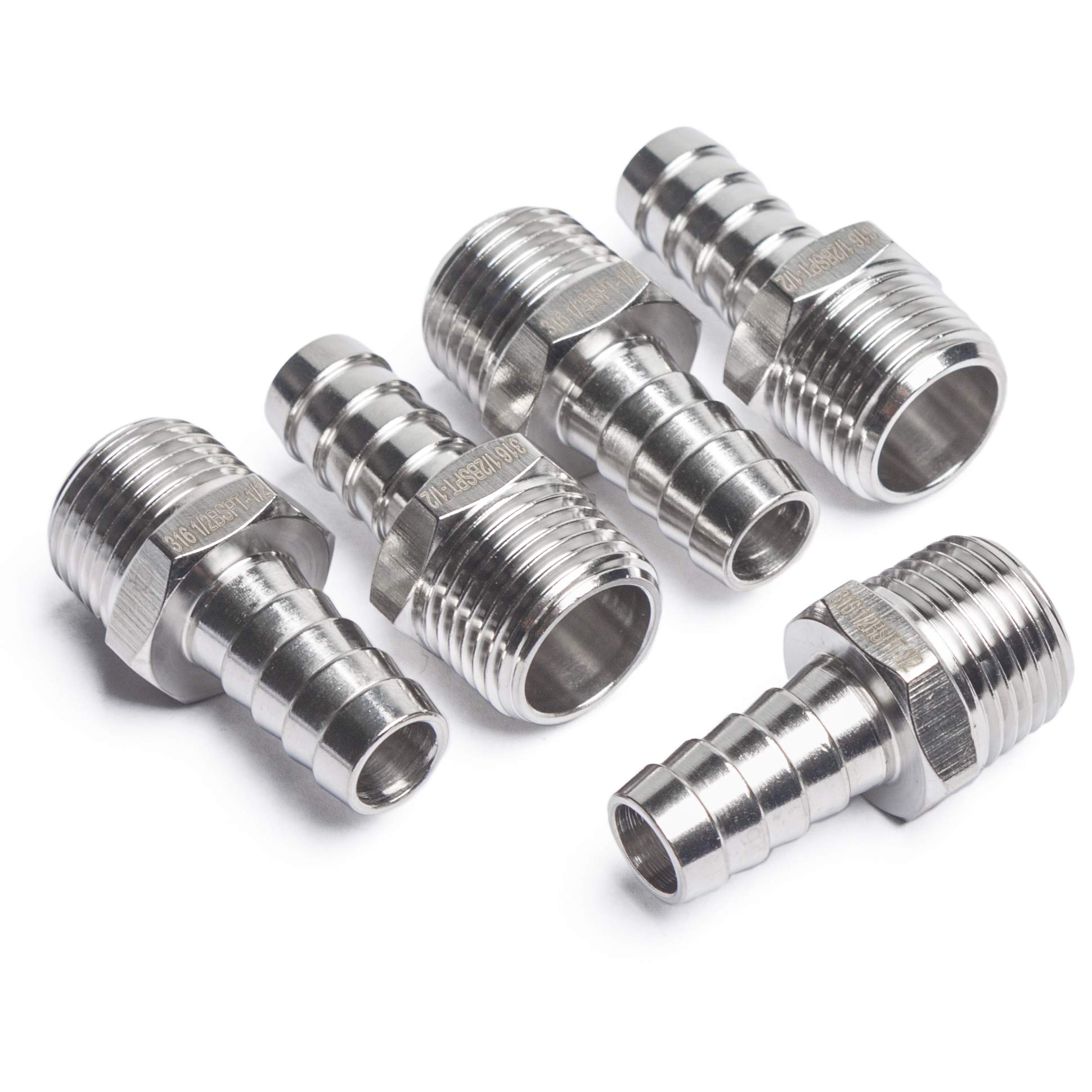 LTWFITTING Stainless Steel 316 Barbed Fitting Connector 1/2-Inch Male BSPT x 1/2-Inch(12mm) Hose Barb Fuel Gas Air (Pack of 5)
