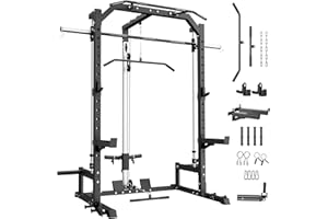 Smith Machine with LAT Pulldown System, Multifunctional Power Rack with Pull-Up Bar, Landmine, Low Row Bar & More Training At
