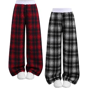 Kxuryueo Girls 2 Pack Plaid Wide Leg Pants High Waist Casual Trousers Size 7-16
