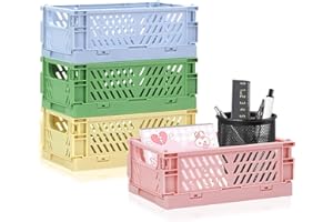 WERJOURU 2-Pack Mini Creats Foldable Plastic Baskets ,Collapsible Storage Box for Organizing and Storag,Home Kitchen Bedroom Bathroom Office Tool (Blue, 5.9x3.8x2.2'') (BLUE+PINK+GREEN+YELLOW)