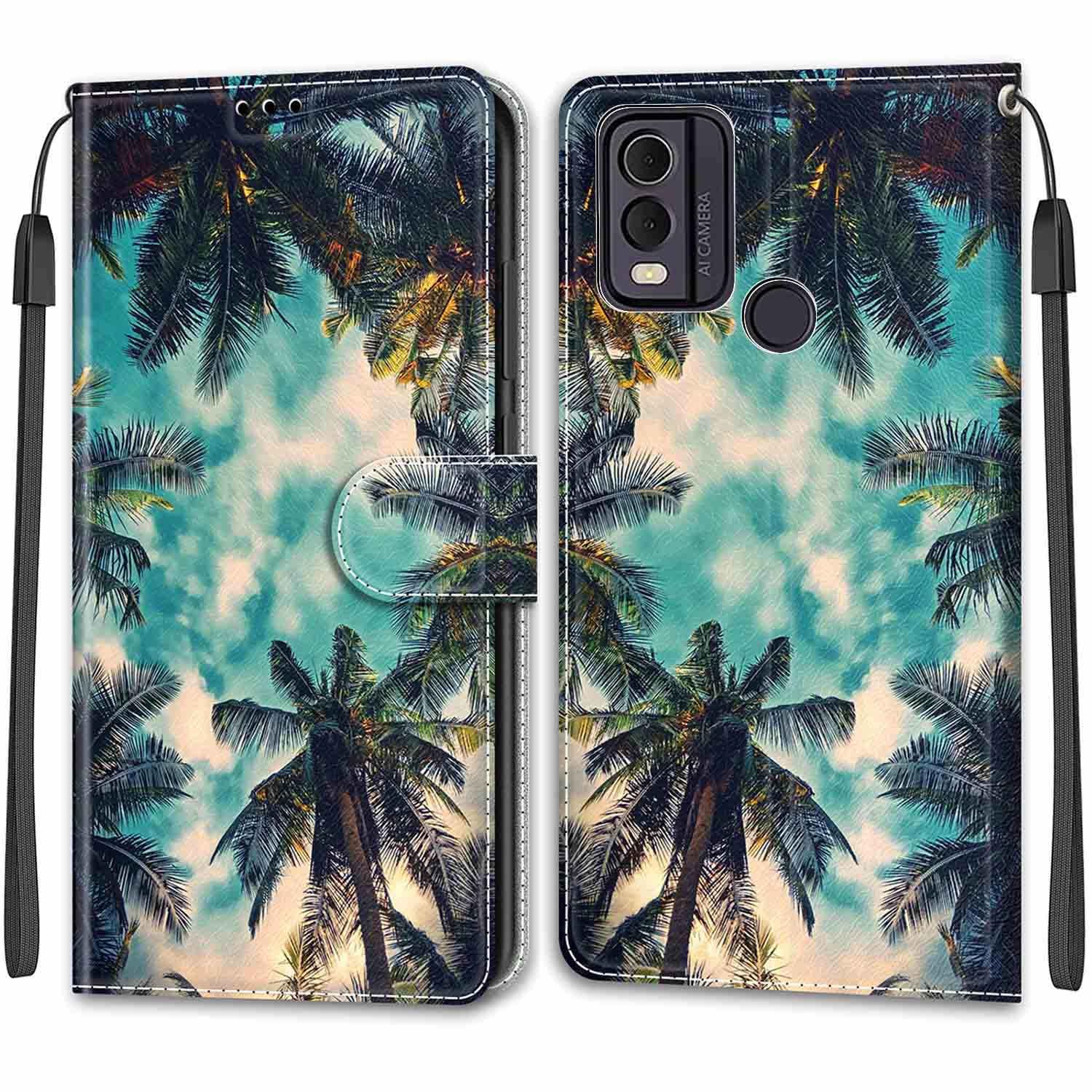for Nokia C22 Case, PU Leather Wallet Book Flip Folio Stand View Cover Pouch Compatible with Nokia C32 Phone Case - Coconut tree
