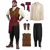 SOMSOC 8 Pieces Men's Halloween Renaissance Medieval Costume Set Pirate Shirt Viking Vest Pants Headscarf Belt