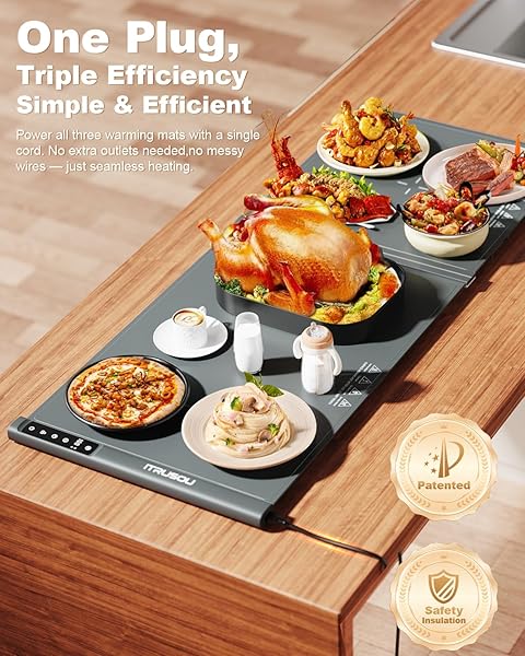 EXPANDABLE WARMING MAT FOR FOOD – ITRUSOU 42″X16″ EXTRA LARGE ELECTRIC WARMING TRAY WITH 7 TEMP SETTINGS, SWITCHABLE ℃/℉, 99H TIMER, CHILD LOCK – 2 PANELS CUSTOM SIZES FOR ENERGY EFFICIENCY