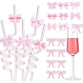 Jadive 56 Pcs Pink Bow Straws Set Glitter Reusable Bow Plastic Spiral Straws with Drink Markers for Pink Coquette Birthday Pretty Bachelorette Decorations Wedding Baby Shower Party Supplies