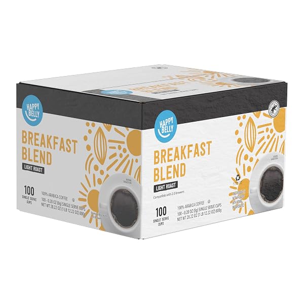 AMAZON BRAND – HAPPY BELLY LIGHT ROAST COFFEE PODS, BREAKFAST BLEND, COMPATIBLE WITH KEURIG 2.0 K-CUP BREWERS, 100 COUNT