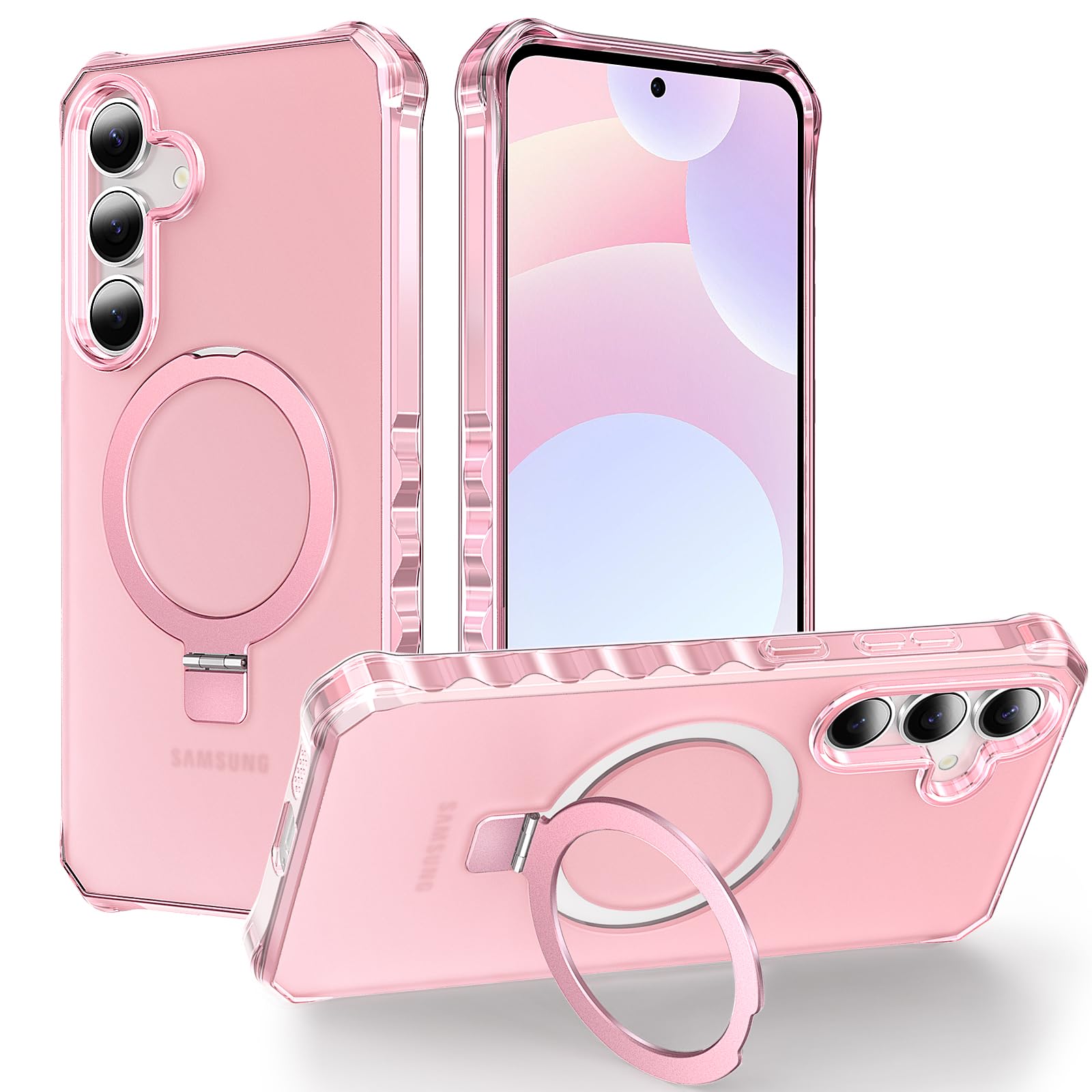 Photo 1 of Skyjone for Galaxy S25 Plus Case, with Magnetic Ring Stand [Curly Edge] [Wireless Charging] [Reinforced Corners] Slim Fit Shockproof Protective Phone Case - Matte Pink