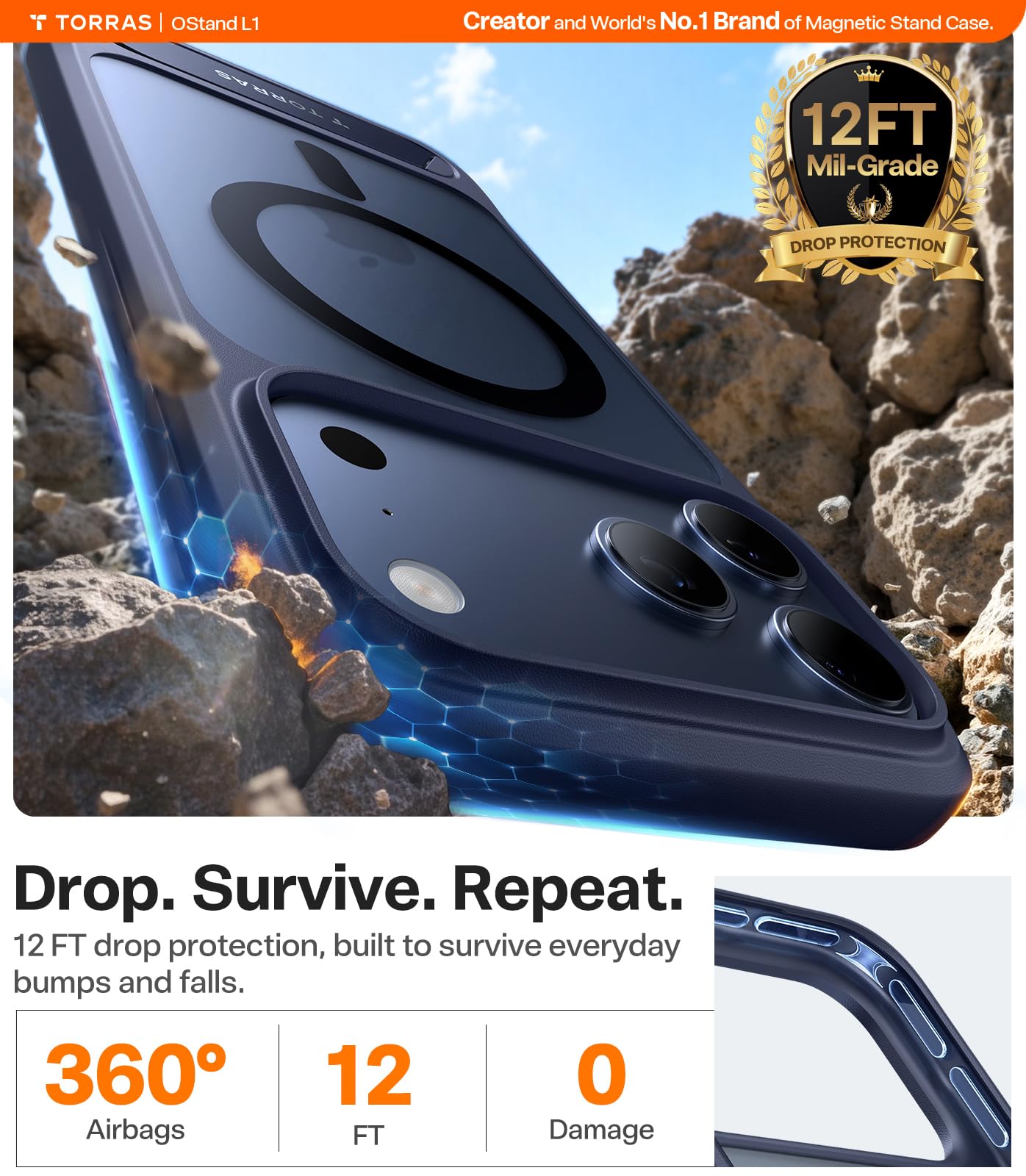 TORRAS Stand for iPhone 17 Pro Max Case – Durable Titanium Stand, Compatible with Magsafe, Camera Button Shield, 12FT Drop Protection for iPhone 17 Pro Max Cover – Navy Blue